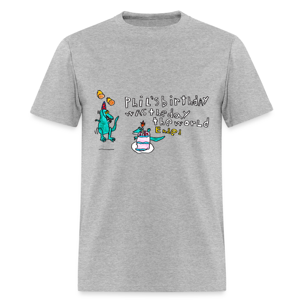 DC26 Patrick's "Dino Birthday Apocalypse" T-shirt - heather gray