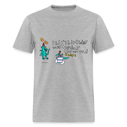 DC26 Patrick's "Dino Birthday Apocalypse" T-shirt - heather gray