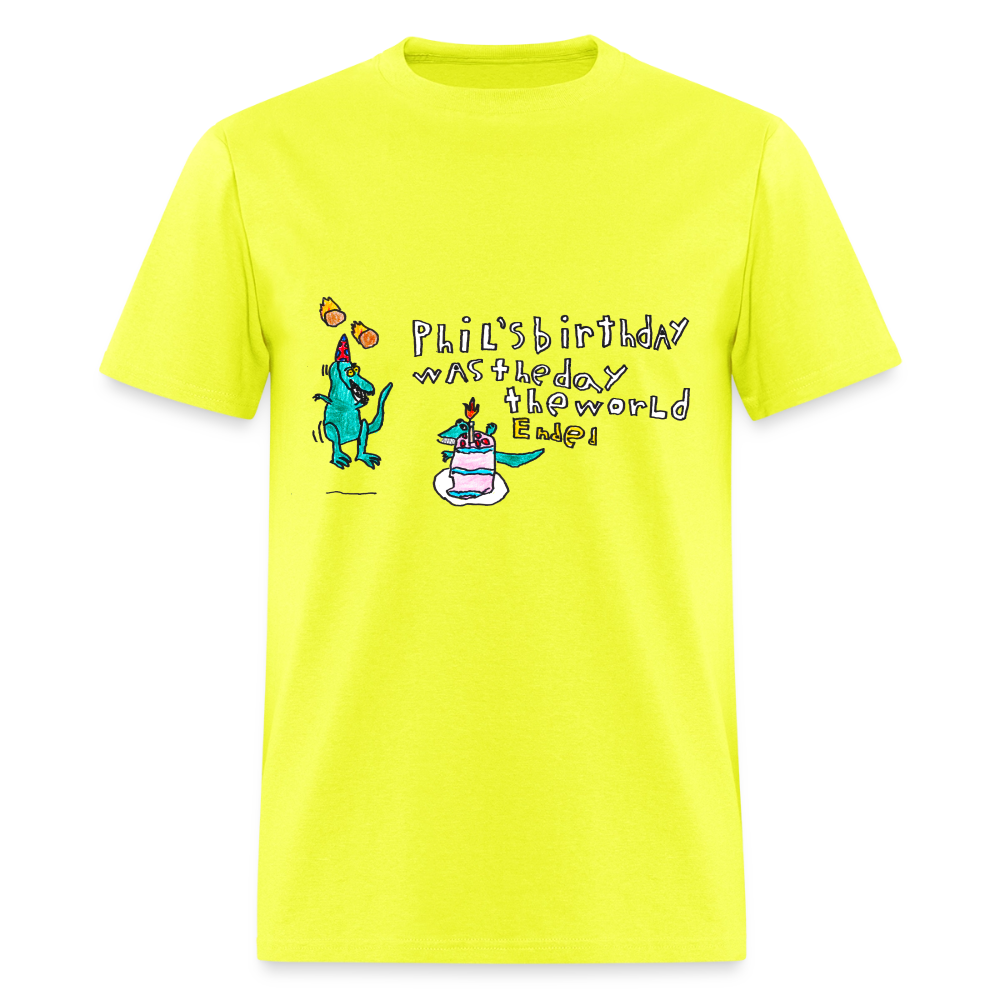 DC26 Patrick's "Dino Birthday Apocalypse" T-shirt - safety green