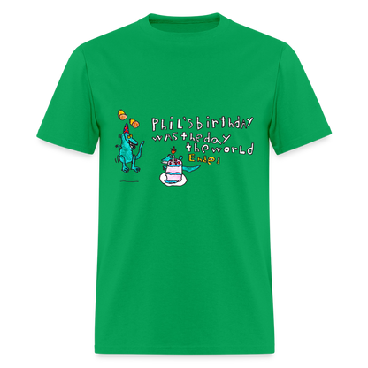 DC26 Patrick's "Dino Birthday Apocalypse" T-shirt - bright green