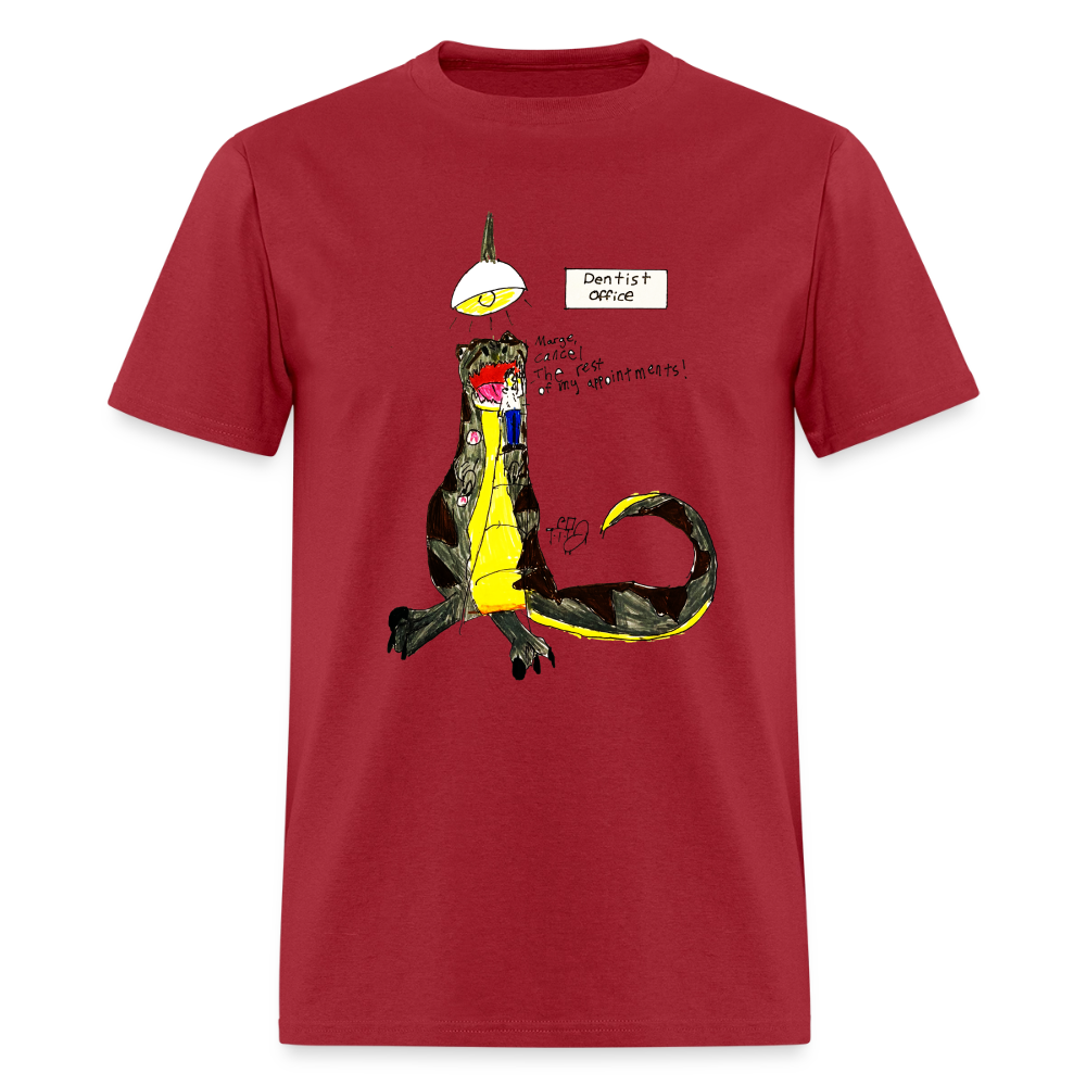 DC26 Callie's "Dino Dentist" T-shirt - dark red