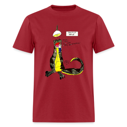 DC26 Callie's "Dino Dentist" T-shirt - dark red