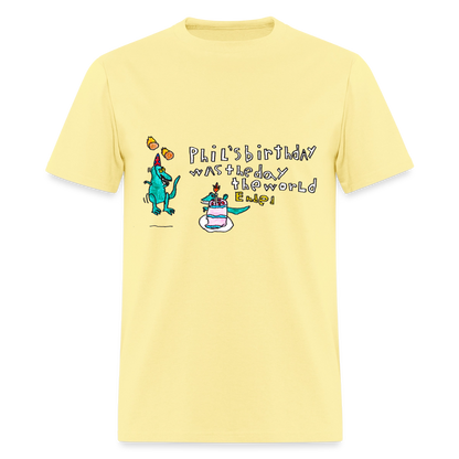 DC26 Patrick's "Dino Birthday Apocalypse" T-shirt - cornsilk