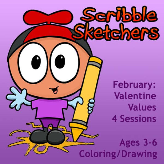 DC Scribble Sketchers (Month 06) February Package (4 Classes-Early Learner): Valentine Values